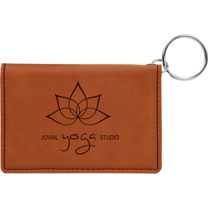 Rawhide personalized leatherette id holder keychains with example engraving