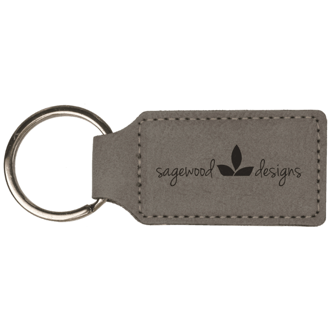 Gray personalized rectangle leatherette keychains with example engraving