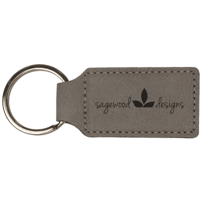 Gray personalized rectangle leatherette keychains with example engraving