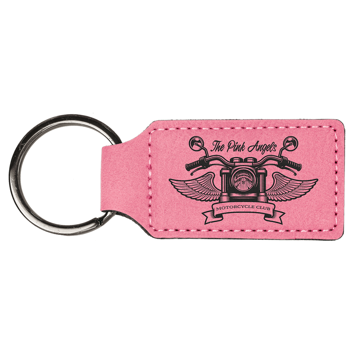 Pink personalized rectangle leatherette keychains with example engraving