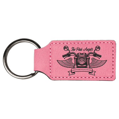 Pink personalized rectangle leatherette keychains with example engraving
