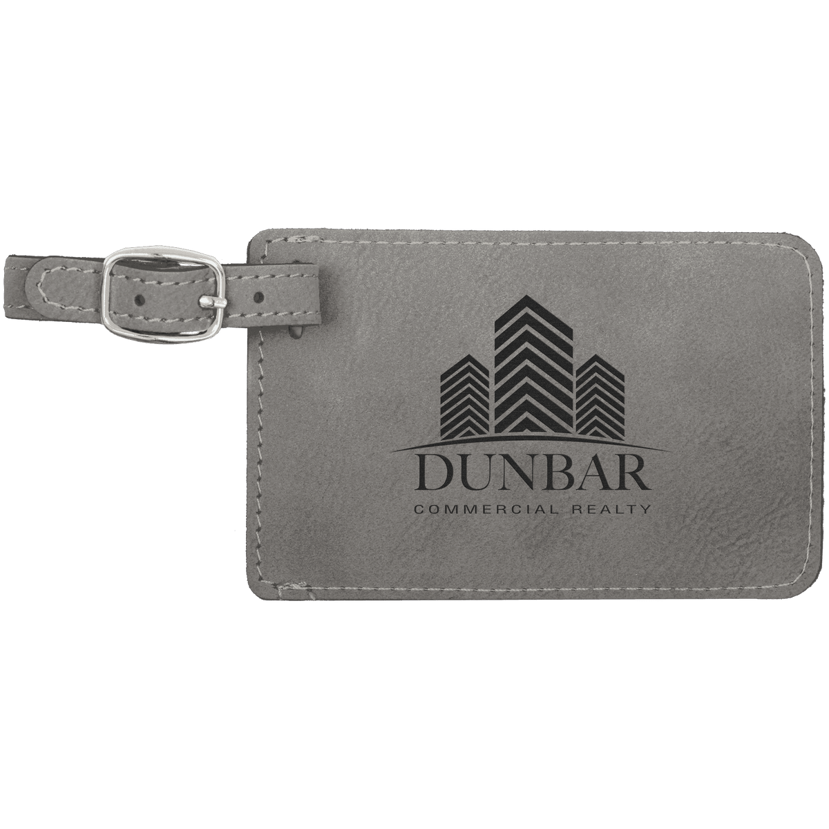 Gray personalized leatherette luggage tags with example engraving