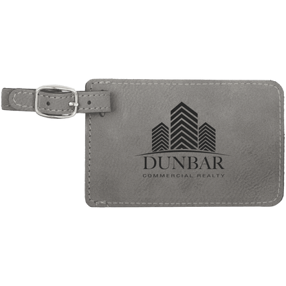 Gray personalized leatherette luggage tags with example engraving