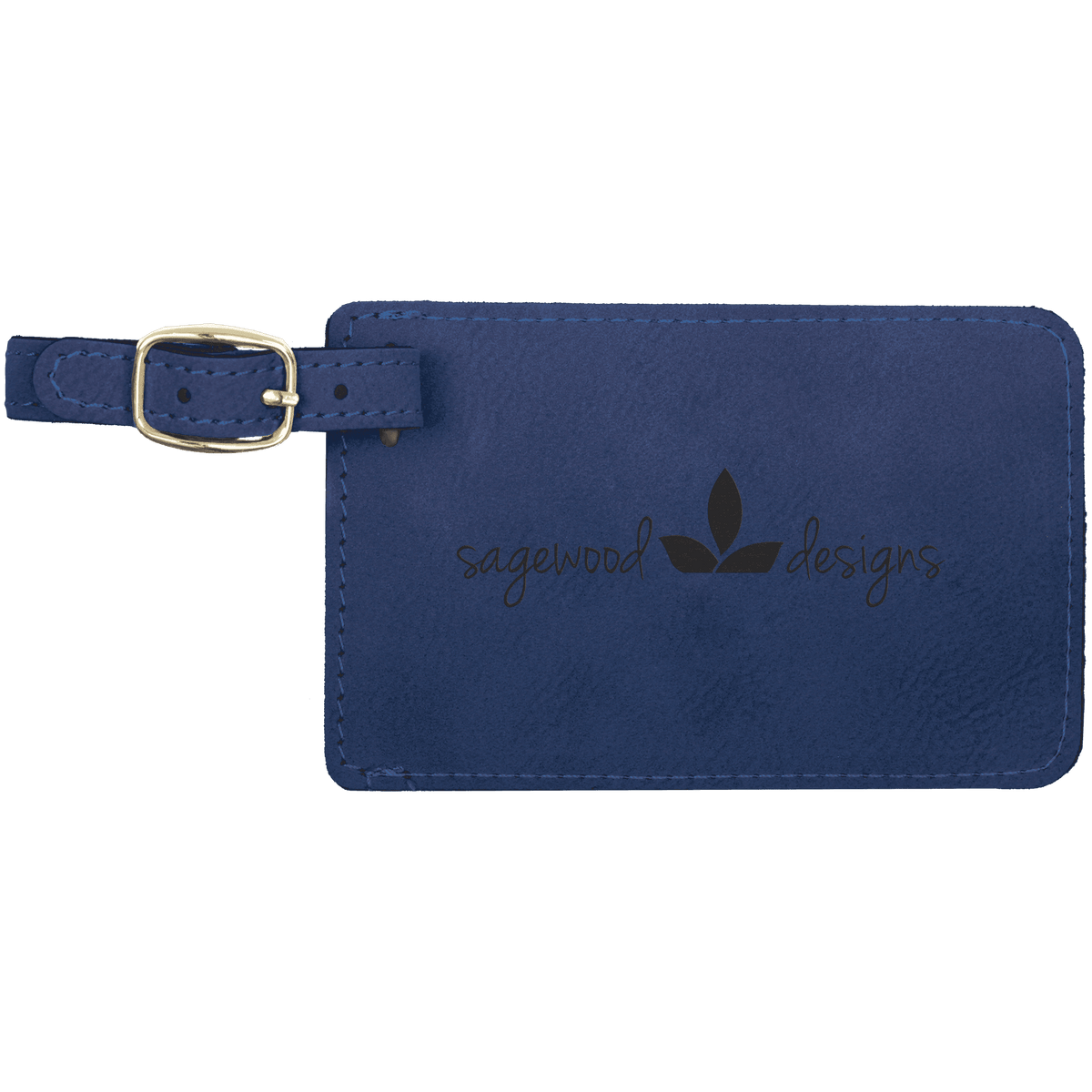 Blue/Black personalized leatherette luggage tags with example engraving