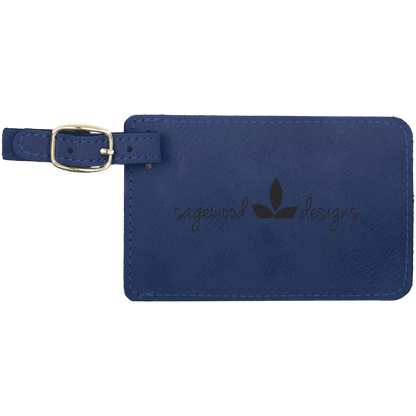 Blue/Black personalized leatherette luggage tags with example engraving