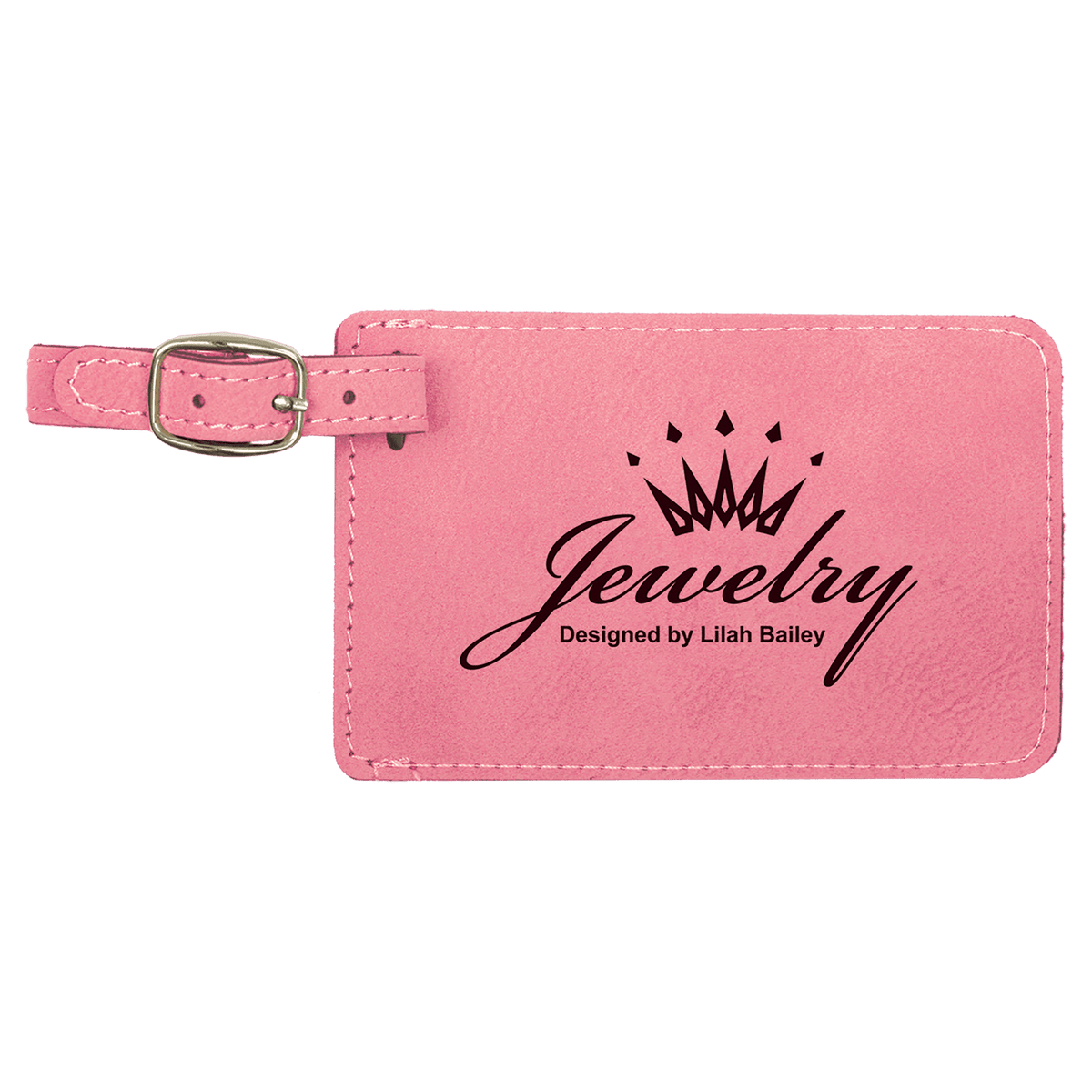 Pink personalized leatherette luggage tags with example engraving