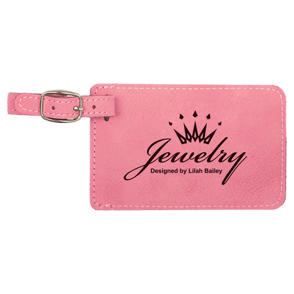 Pink personalized leatherette luggage tags with example engraving