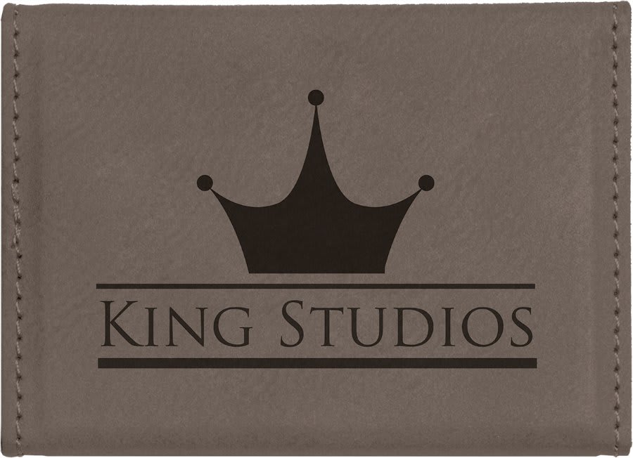 Gray personalized leatherette business card cases with example engraving