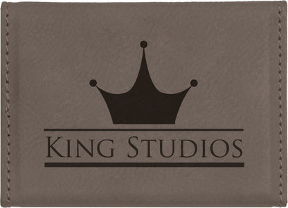 Gray personalized leatherette business card cases with example engraving