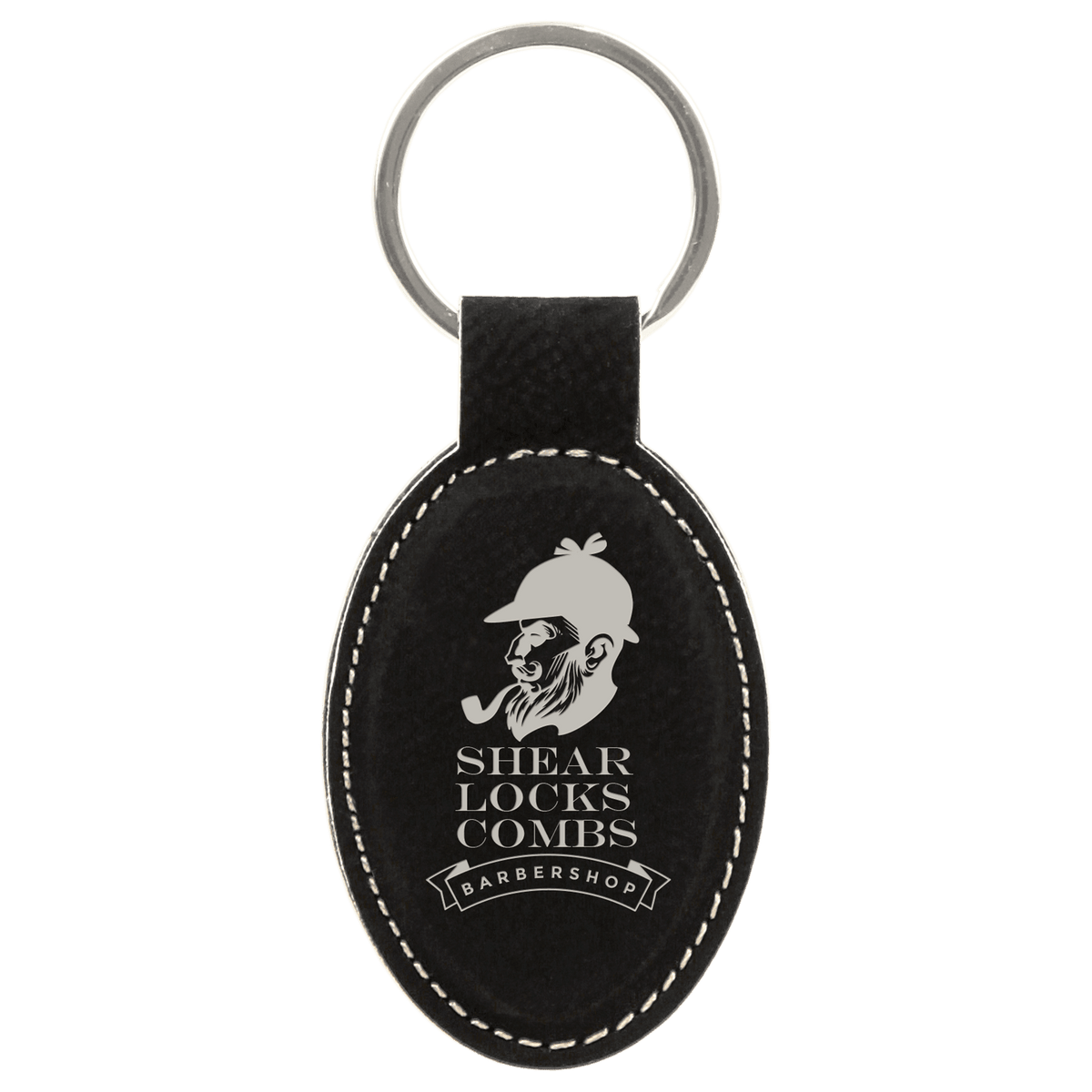 Black/Silver personalized oval leatherette keychains with example engraving