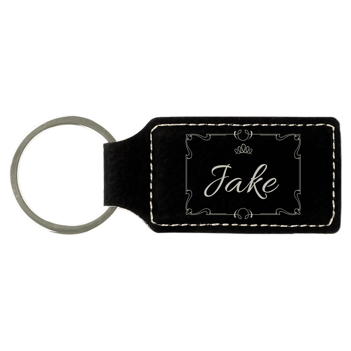Black/Silver personalized rectangle leatherette keychains with example engraving