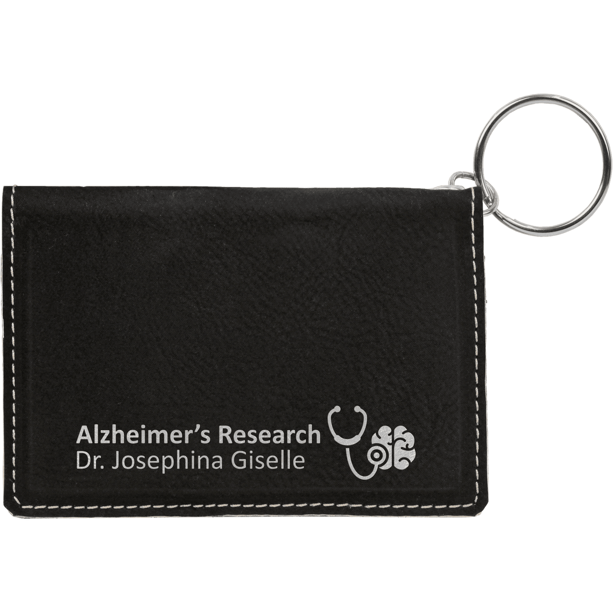 Black/Silver personalized leatherette id holder keychains with example engraving