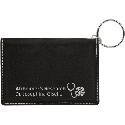 Black/Silver personalized leatherette id holder keychains with example engraving