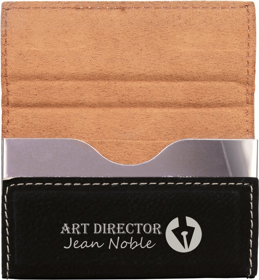 Black/Silver personalized leatherette business card cases with example engraving