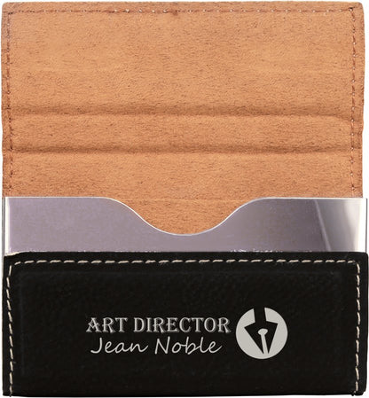 Black/Silver personalized leatherette business card cases with example engraving