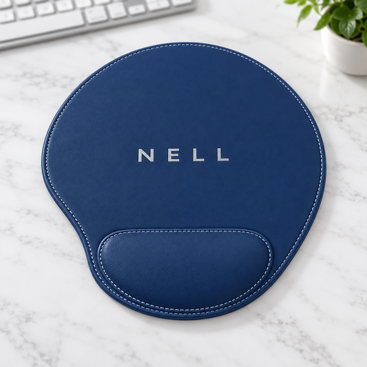 Personalized Leatherette Mouse Pad with Wrist Rest — Blue/Silver — optimized product photo