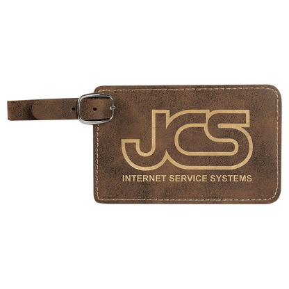 Rustic/Gold personalized leatherette luggage tags with example engraving