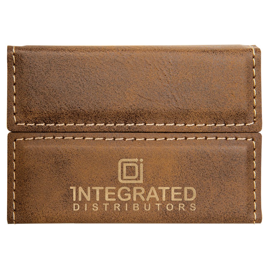 Rustic/Gold personalized leatherette business card cases with example engraving