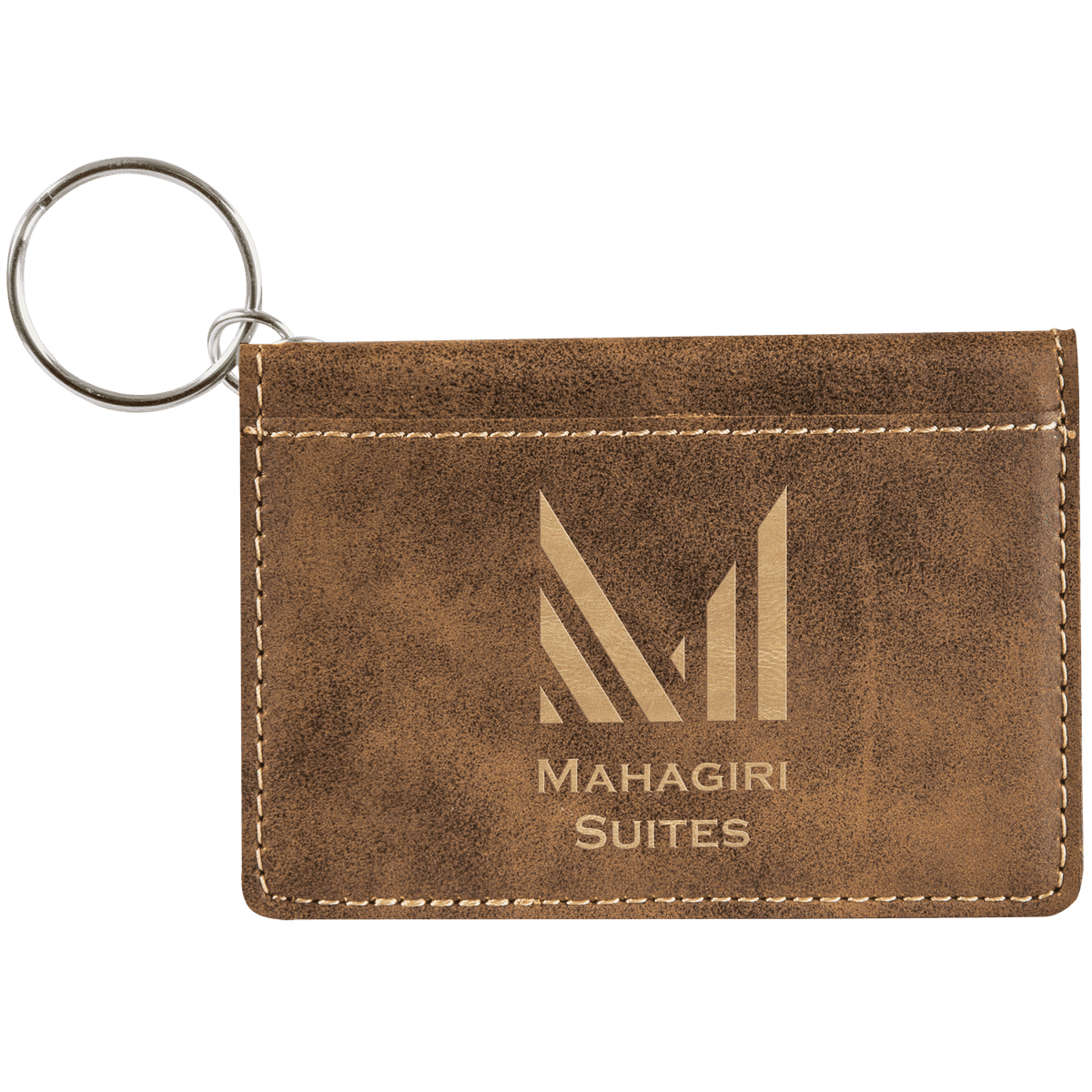 Rustic/Gold personalized leatherette id holder keychains with example engraving