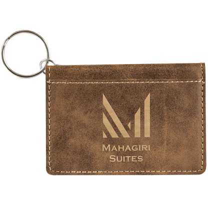 Rustic/Gold personalized leatherette id holder keychains with example engraving