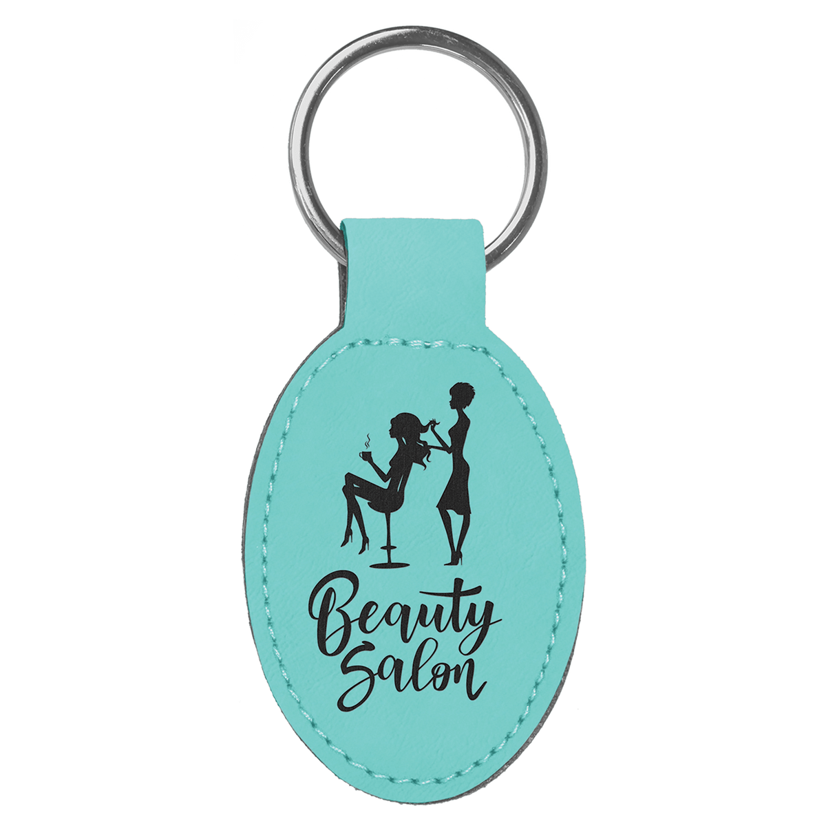 Teal personalized oval leatherette keychain with example engraving