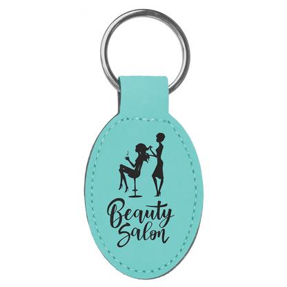 Teal personalized oval leatherette keychain with example engraving