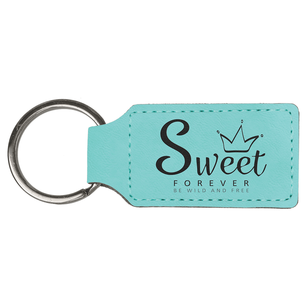 Teal personalized rectangle leatherette keychains with example engraving