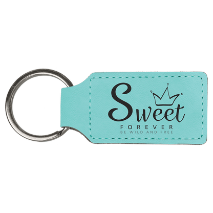 Teal personalized rectangle leatherette keychains with example engraving