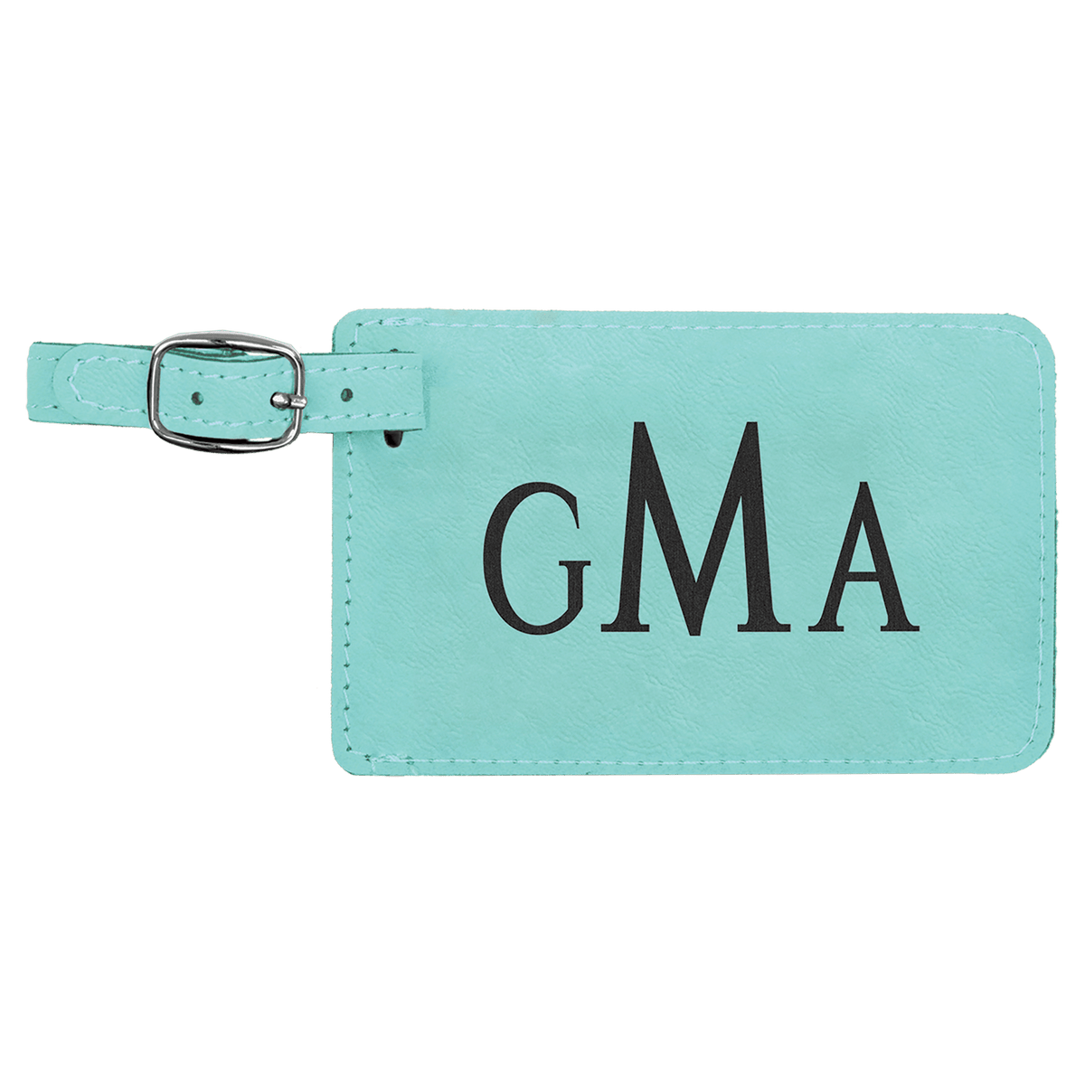 Teal personalized leatherette luggage tags with example engraving