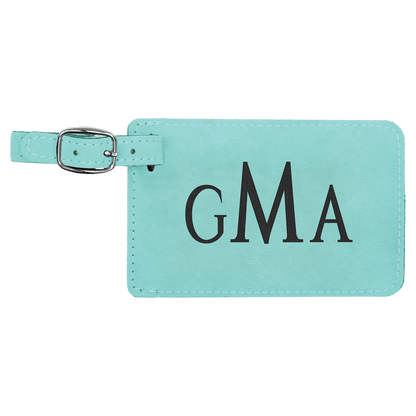 Teal personalized leatherette luggage tags with example engraving