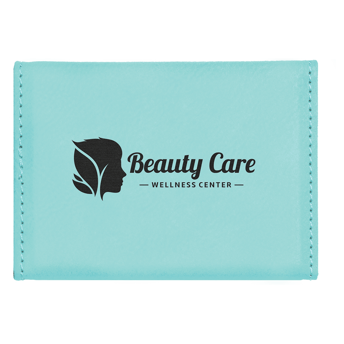 Teal personalized leatherette business card cases with example engraving