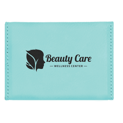 Teal personalized leatherette business card cases with example engraving