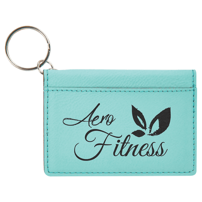 Teal personalized leatherette id holder keychains with example engraving