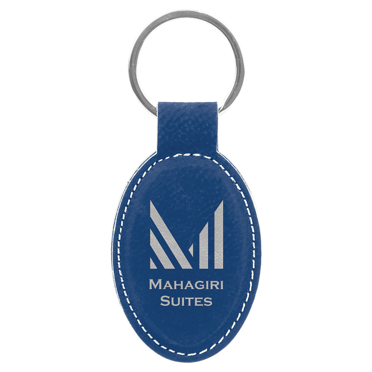 Blue/Silver personalized oval leatherette keychains with example engraving