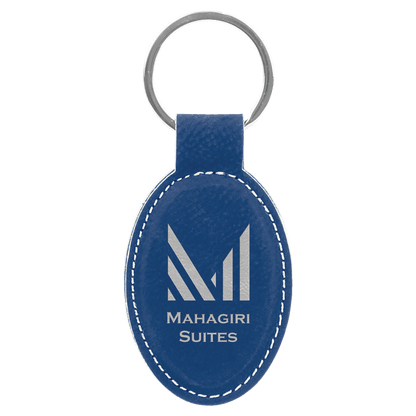 Blue/Silver personalized oval leatherette keychains with example engraving