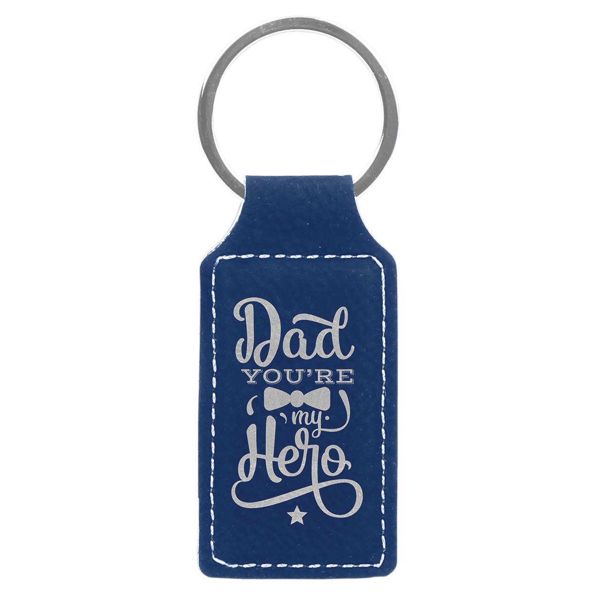 Blue/Silver personalized rectangle leatherette keychains with example engraving
