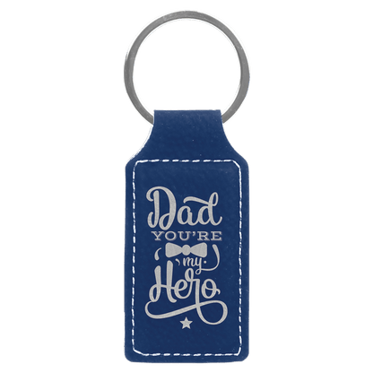Blue/Silver personalized rectangle leatherette keychains with example engraving