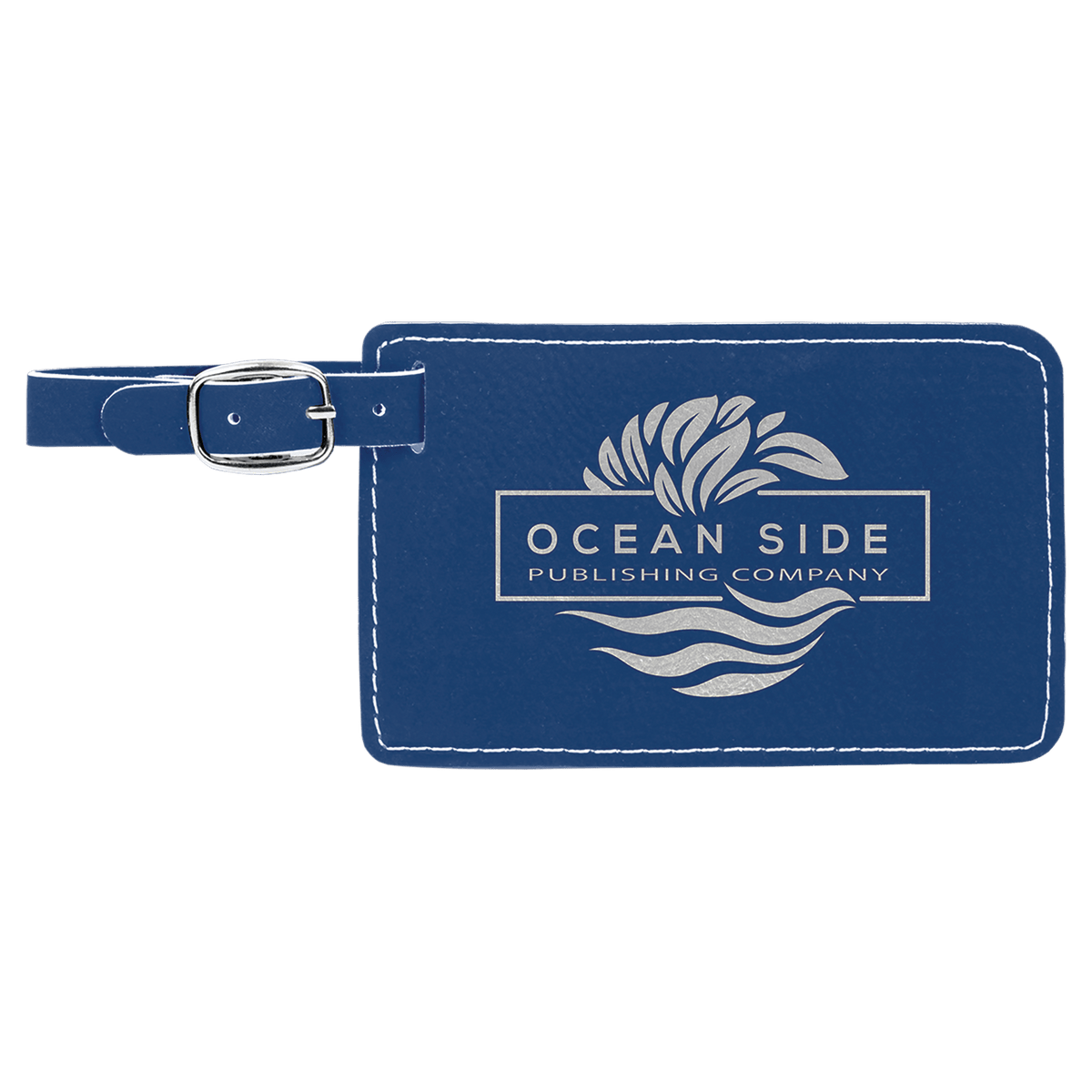 Blue/Silver personalized leatherette luggage tags with example engraving