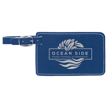Blue/Silver personalized leatherette luggage tags with example engraving
