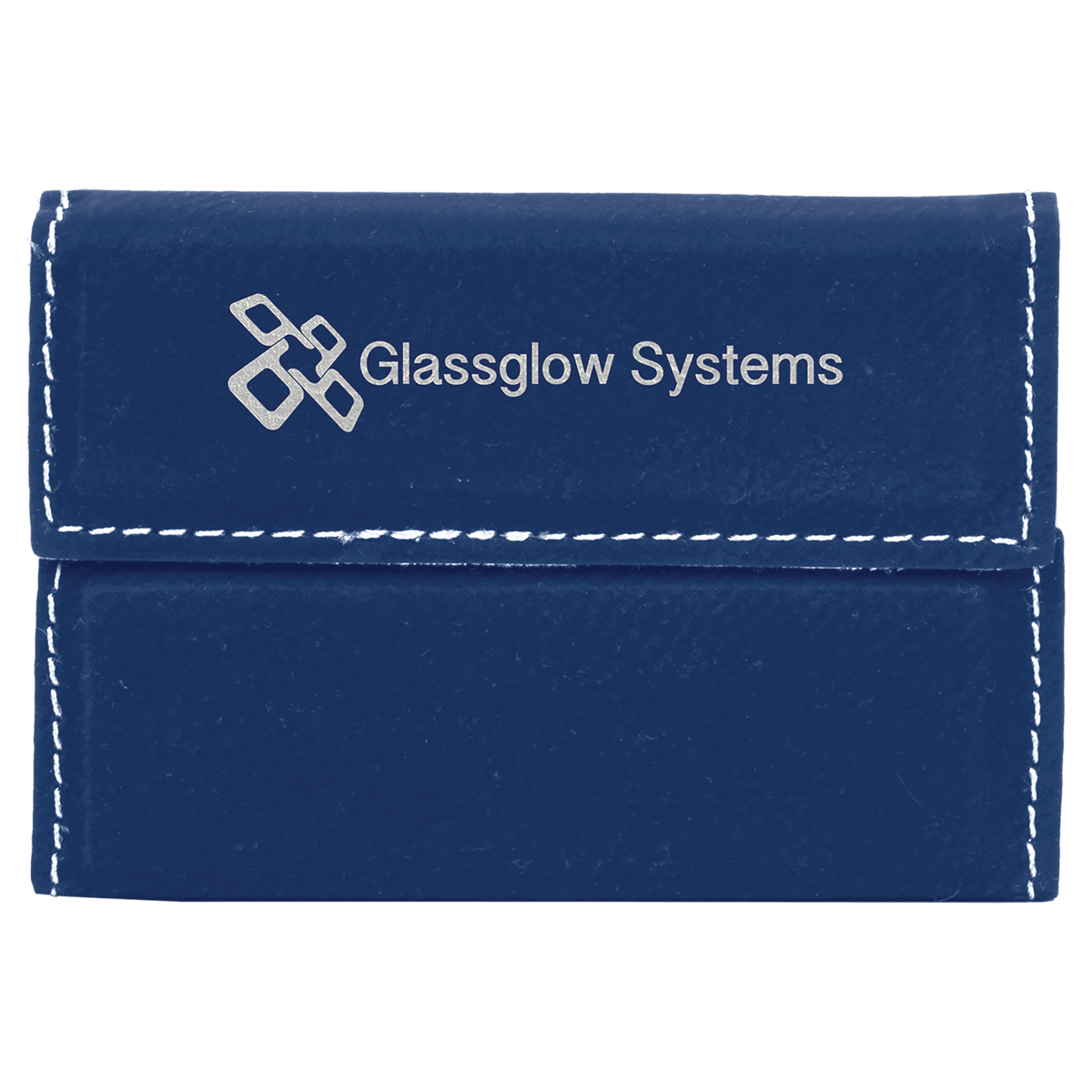 Blue/Silver personalized leatherette business card cases with example engraving