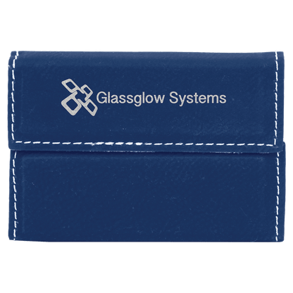 Blue/Silver personalized leatherette business card cases with example engraving