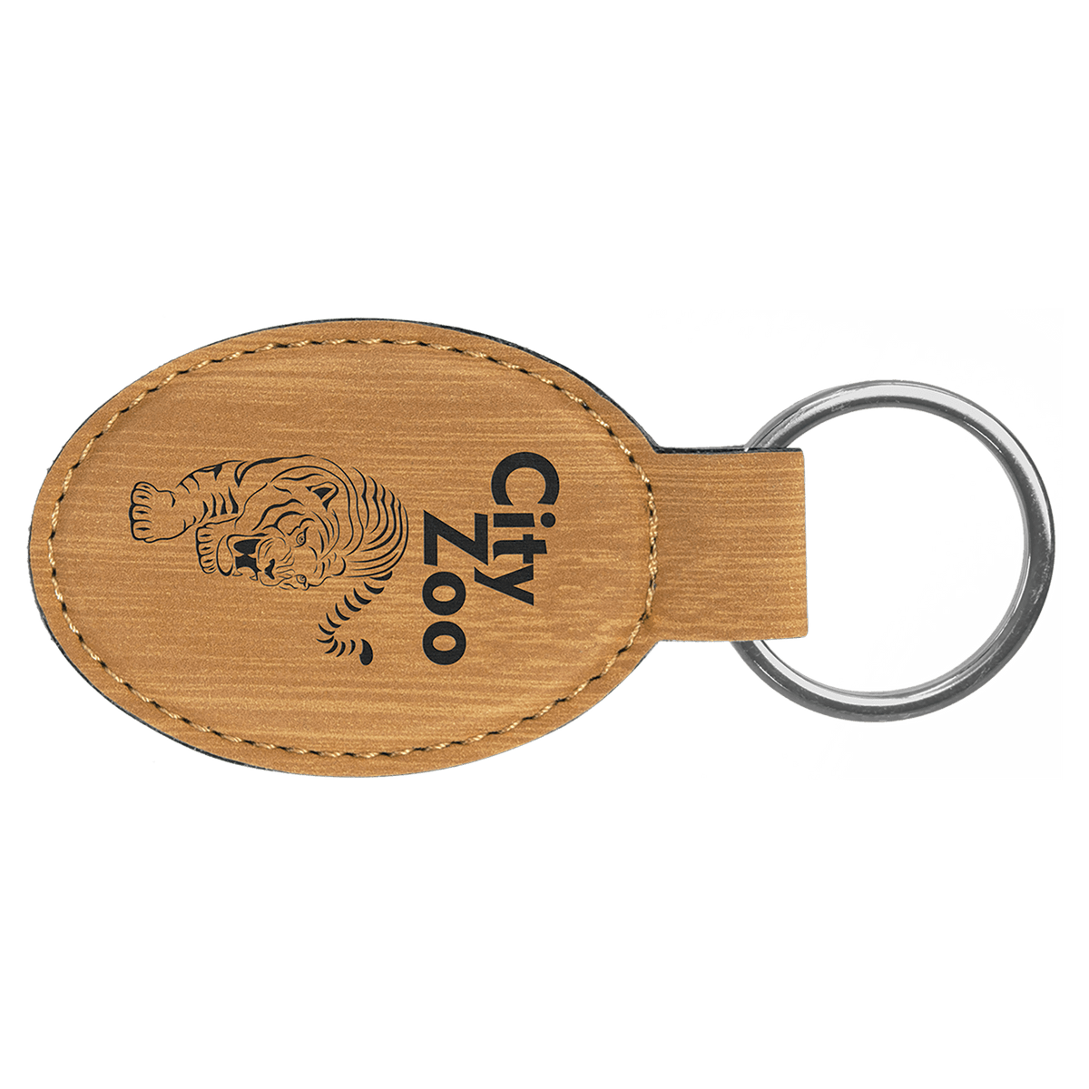 Bamboo personalized oval leatherette keychains with example engraving