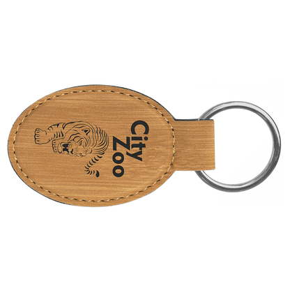 Bamboo personalized oval leatherette keychains with example engraving