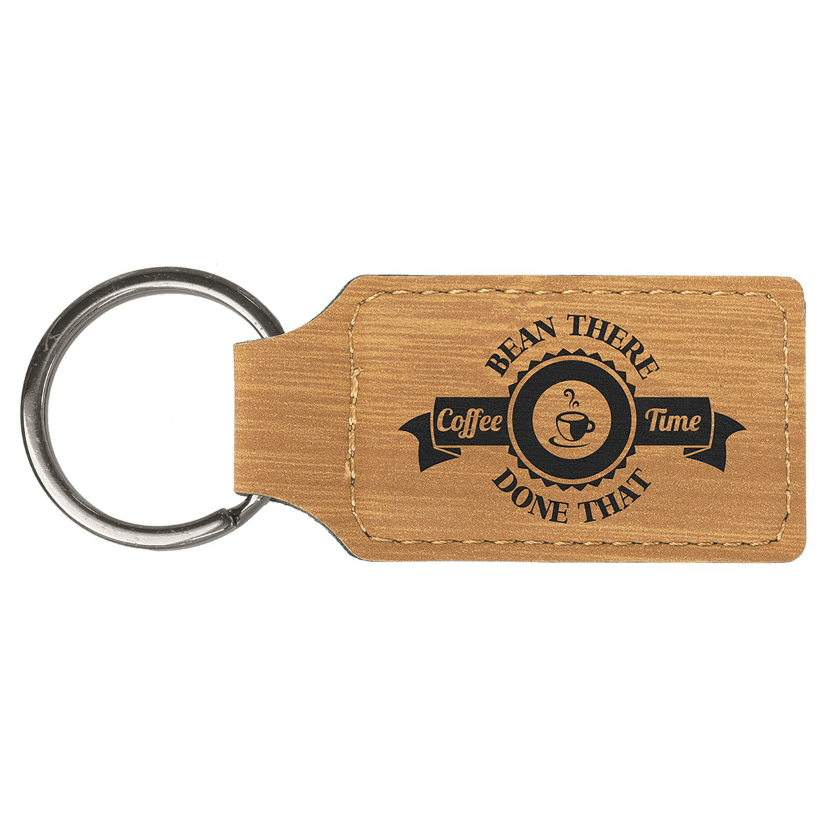 Bamboo personalized rectangle leatherette keychains with example engraving