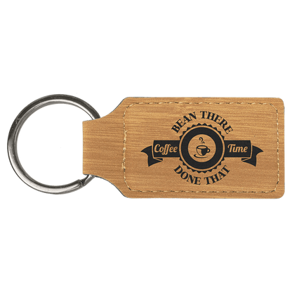 Bamboo personalized rectangle leatherette keychains with example engraving