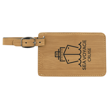 Bamboo personalized leatherette luggage tags with example engraving
