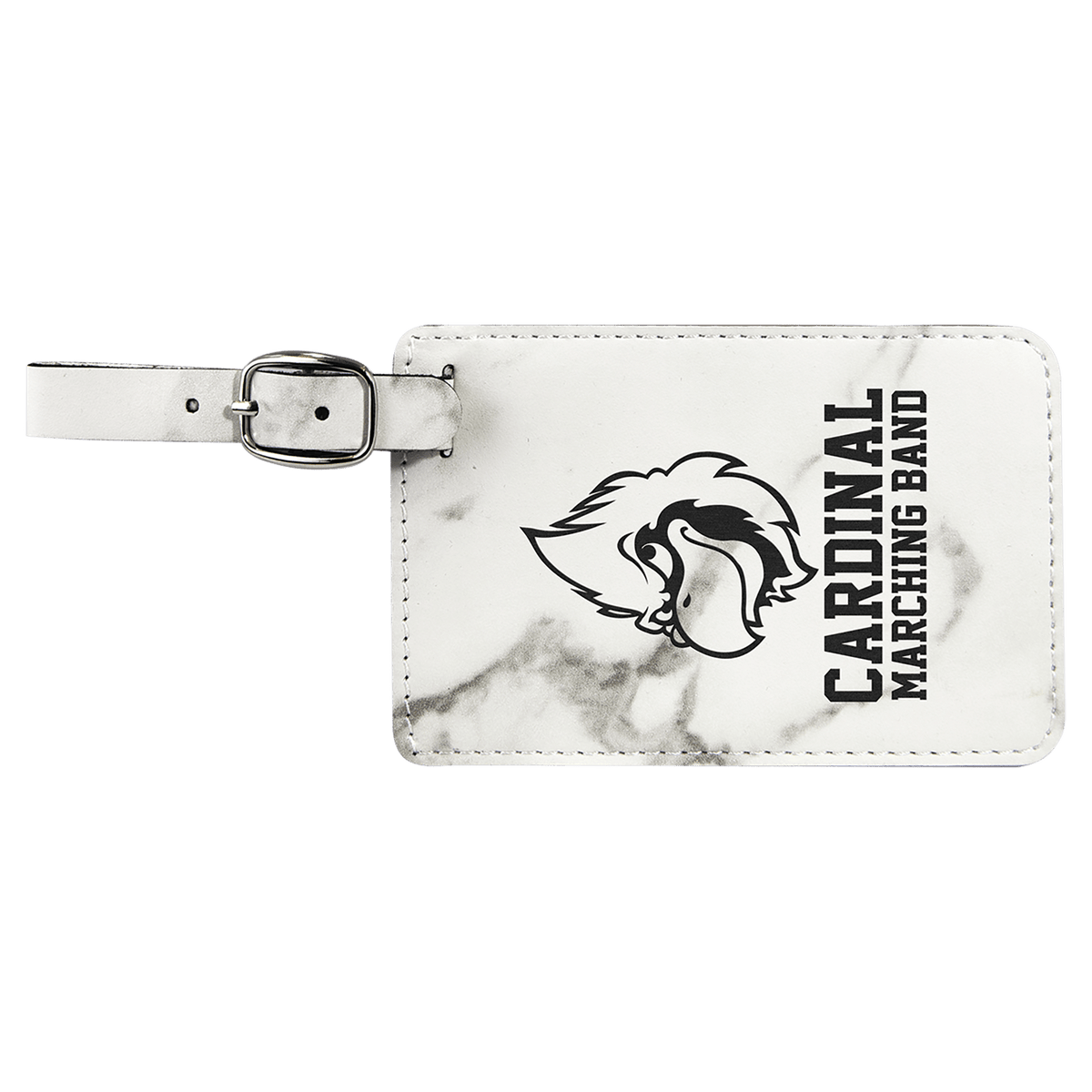 White Marble personalized leatherette luggage tags with example engraving