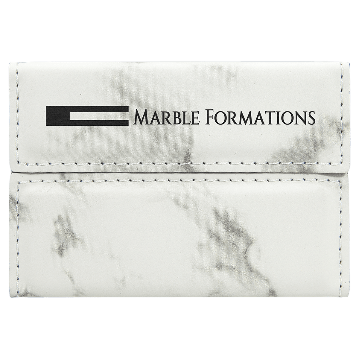 White Marble personalized leatherette business card cases with example engraving