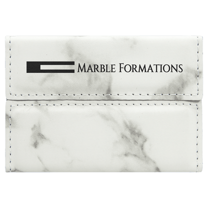 White Marble personalized leatherette business card cases with example engraving
