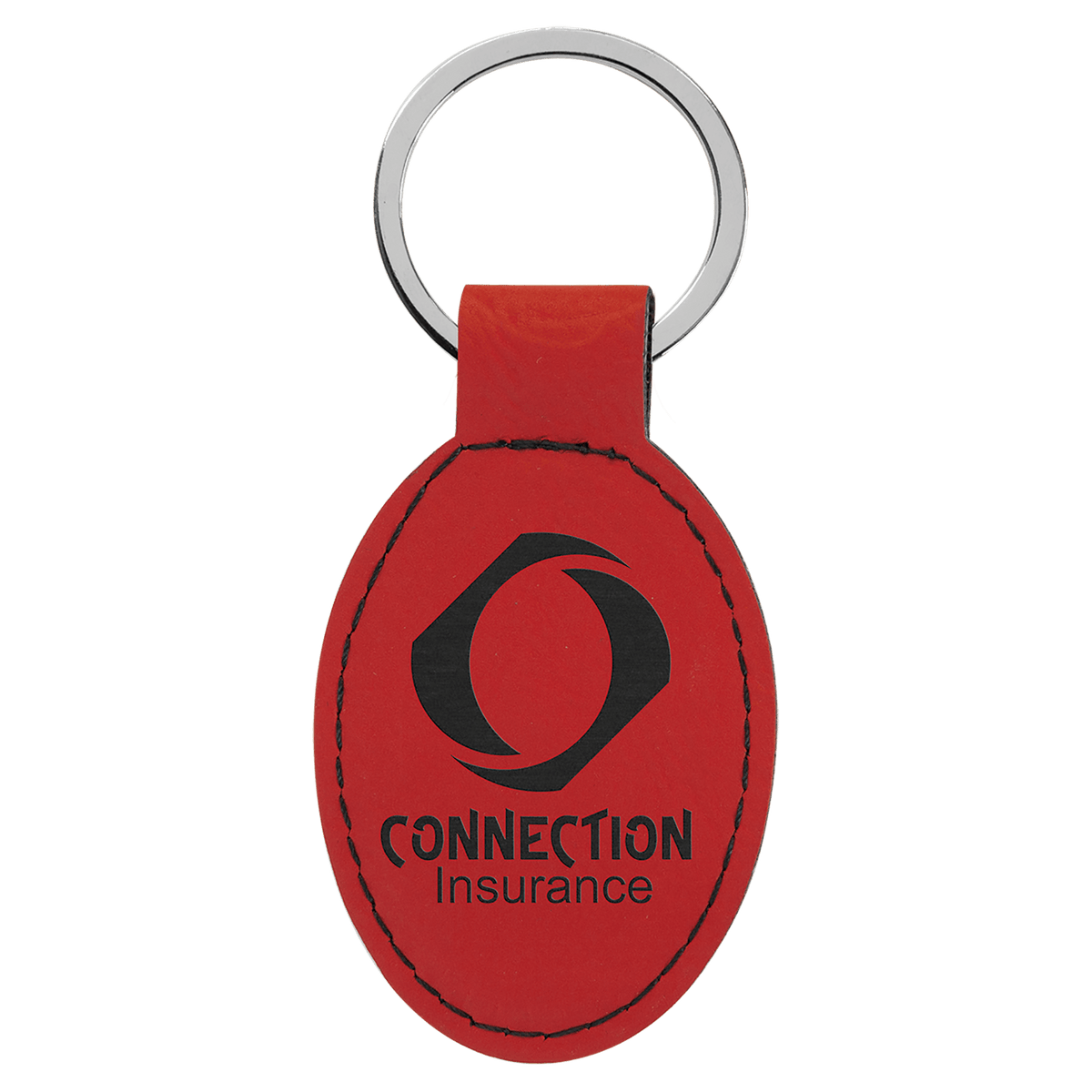 Red personalized oval leatherette keychains with example engraving